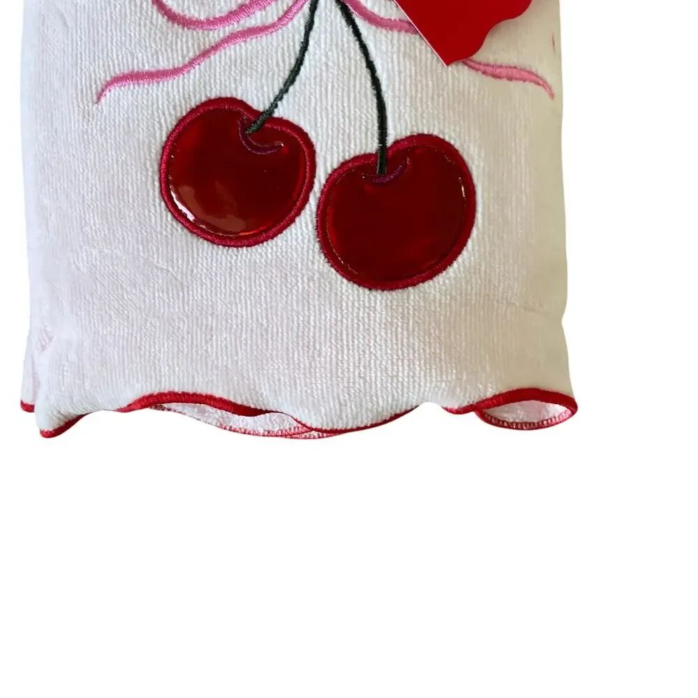 2 Pink Bow Red Leather Cherries Hand Towels Coquette Scallop Valentine's Day FUN